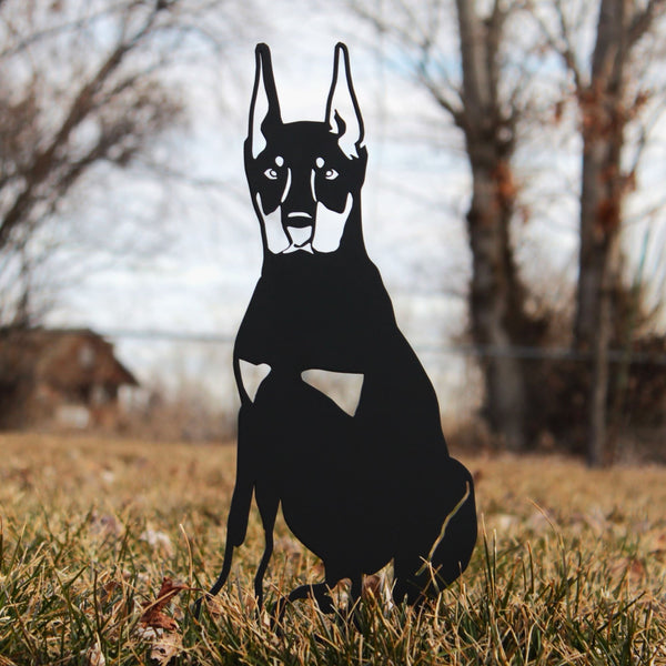 Doberman Pinscher Cropped Ear Corten steel dog silhouette, matte black finish, shown outdoors – My Metal Rescue