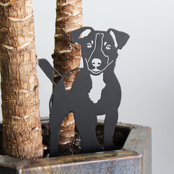 Jack Russell Terrier Corten steel dog silhouette, matte black finish, shown outdoors – My Metal Rescue