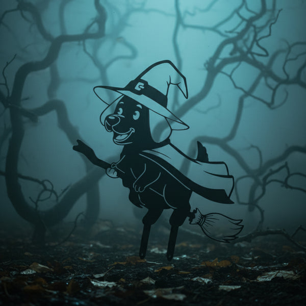 Witch Dog – matte black steel Halloween silhouette by My Metal Rescue
