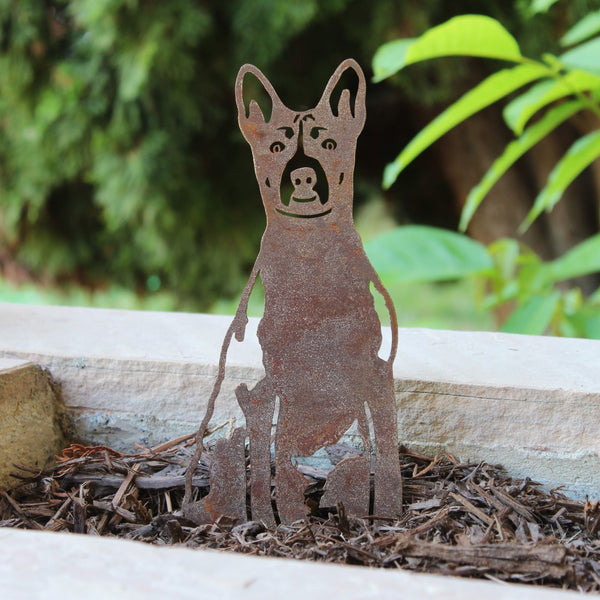 Basenji Corten steel dog silhouette, rusted patina finish, shown outdoors – My Metal Rescue
