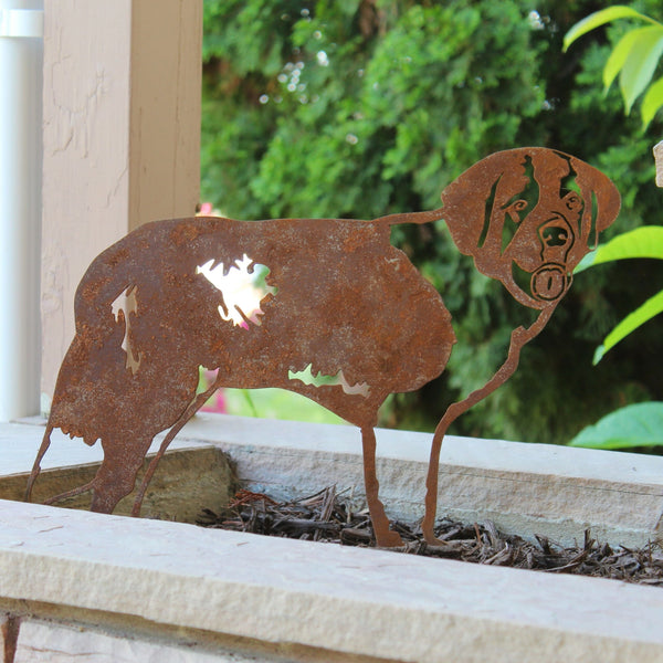Saint Bernard Corten steel dog silhouette, rusted patina finish, shown outdoors – My Metal Rescue