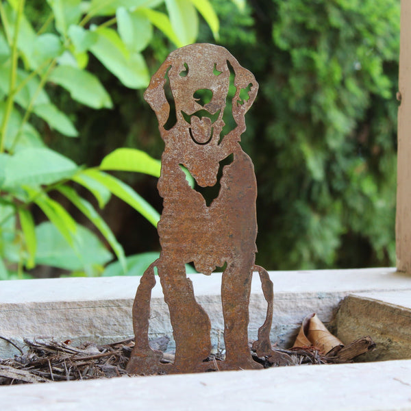 Golden Retriever Sitting Metal Art Handcrafted Dog Décor Corten steel dog silhouette, rusted patina finish, shown outdoors