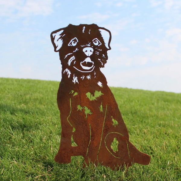 Border Terrier Corten steel dog silhouette, rusted patina finish, shown outdoors – My Metal Rescue