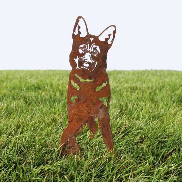 German Shepherd Corten steel dog silhouette, rusted patina finish, shown outdoors – My Metal Rescue