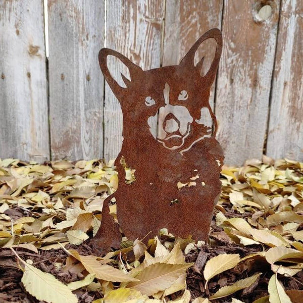 Corgi Corten steel dog silhouette, rusted patina finish, shown outdoors – My Metal Rescue