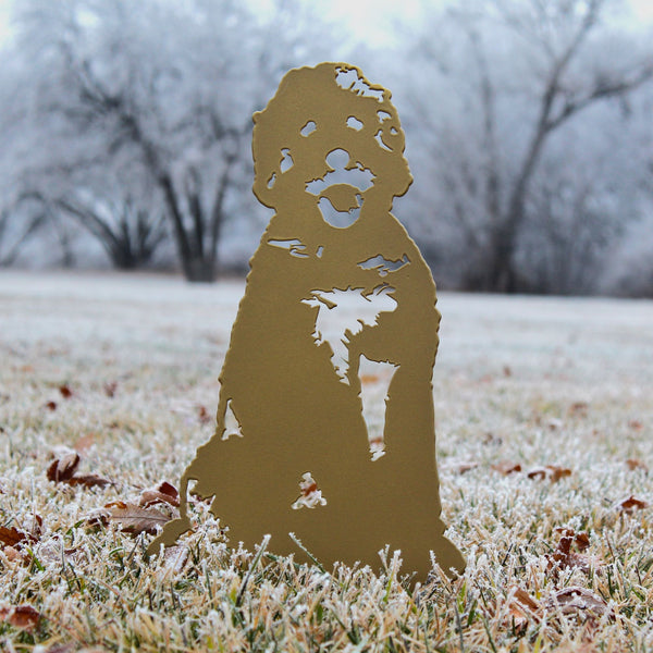 Gold Doodle Corten steel dog silhouette, shown outdoors – My Metal Rescue