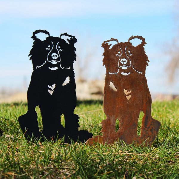 Border Collie Corten steel dog silhouette, shown outdoors – My Metal Rescue