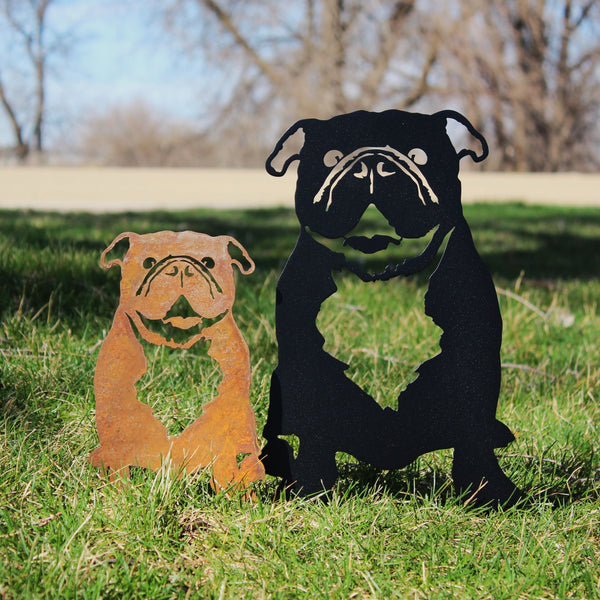 English Bulldog Corten steel dog silhouette, shown outdoors – My Metal Rescue
