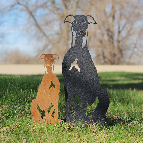Greyhound Corten steel dog silhouette, shown outdoors – My Metal Rescue