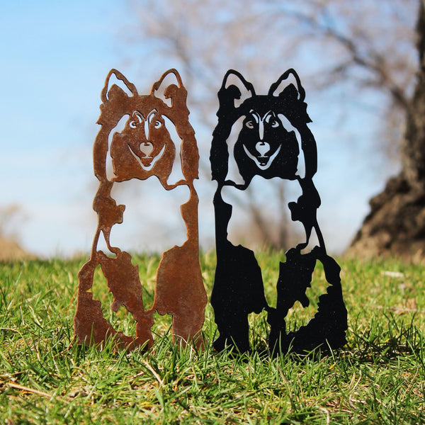 Rough Collie Corten steel dog silhouette, shown outdoors – My Metal Rescue