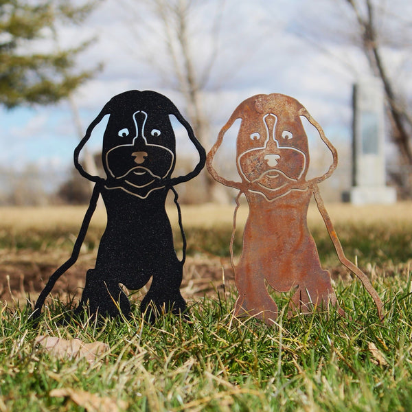 Maltipoo Corten steel dog silhouette, shown outdoors – My Metal Rescue