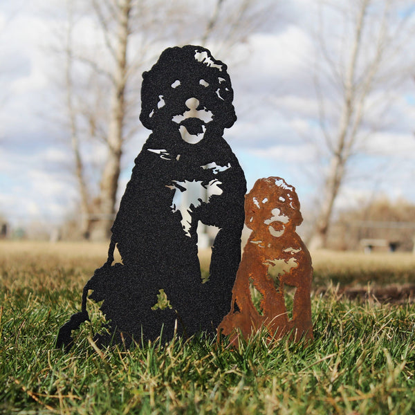 Doodle Corten steel dog silhouette, shown outdoors – My Metal Rescue