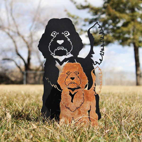 Labradoodle Corten steel dog silhouette, shown outdoors – My Metal Rescue