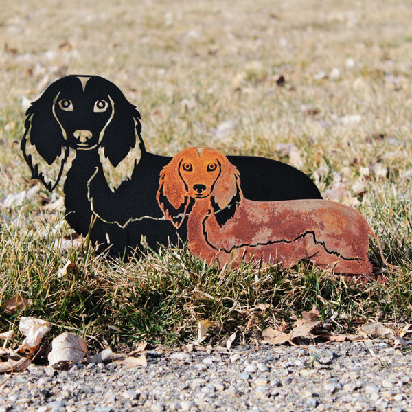 Dachshund Longhaired Corten steel dog silhouette, shown outdoors – My Metal Rescue