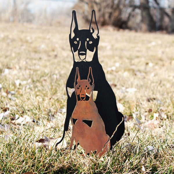 Doberman Pinscher Cropped Ear Corten steel dog silhouette, shown outdoors – My Metal Rescue