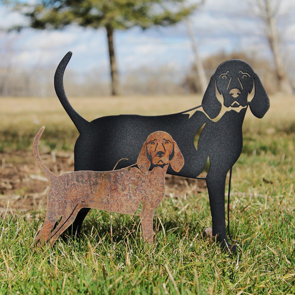 Redbone Coonhound Corten steel dog silhouette, shown outdoors – My Metal Rescue