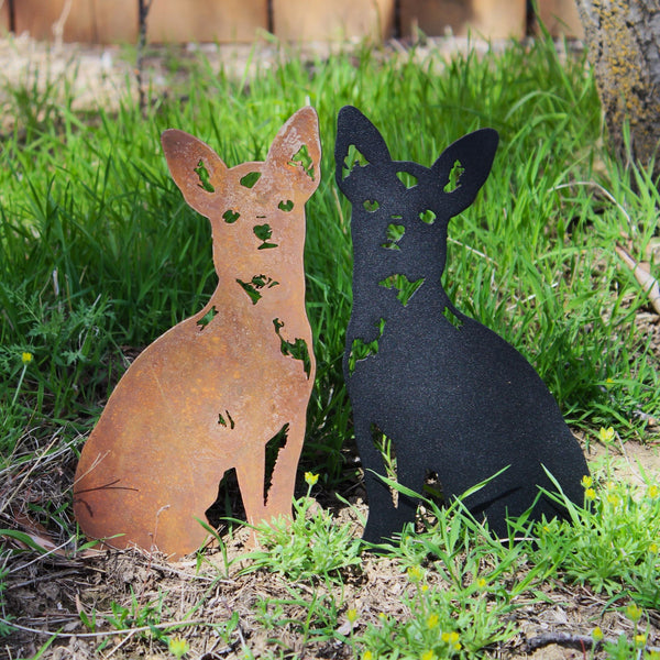 Chihuahua Corten steel dog silhouette, shown outdoors – My Metal Rescue