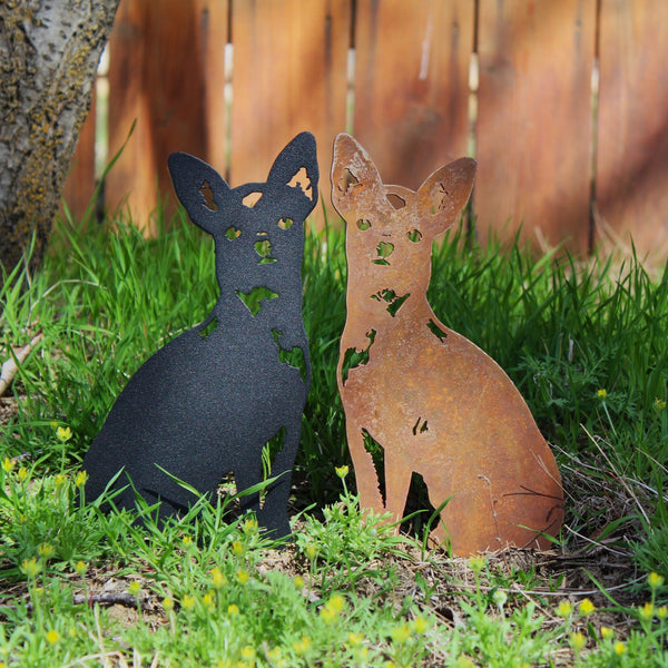 Chihuahua Corten steel dog silhouette, shown outdoors – My Metal Rescue
