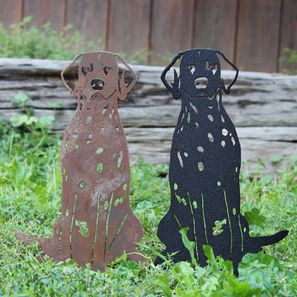 Dalmatian Corten steel dog silhouette, shown outdoors – My Metal Rescue