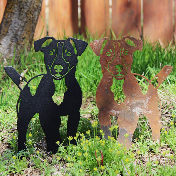 Jack Russell Terrier Corten steel dog silhouette, shown outdoors – My Metal Rescue