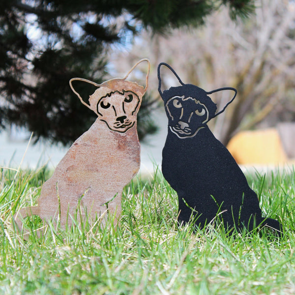 Siamese Corten steel dog silhouette, shown outdoors – My Metal Rescue