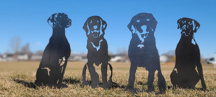 Silhouettes of four dogs on a grassy field with a clear blue sky.