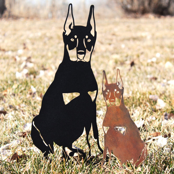 Doberman Pinscher Cropped Ear Corten steel dog silhouette, shown outdoors – My Metal Rescue