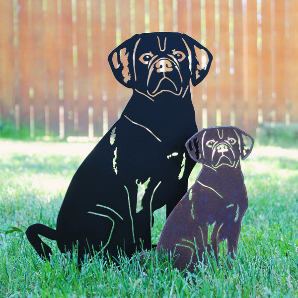 Puggle Corten steel dog silhouette, shown outdoors – My Metal Rescue
