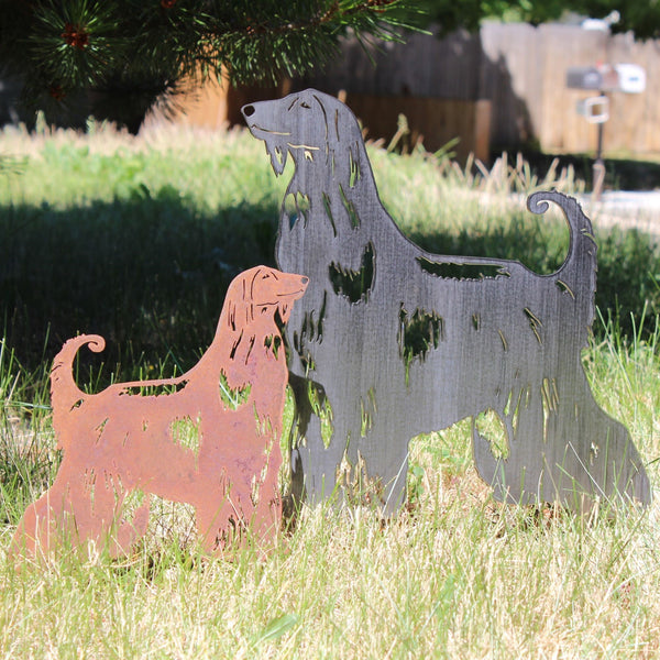 Afghan Hound Corten steel dog silhouette, shown outdoors – My Metal Rescue