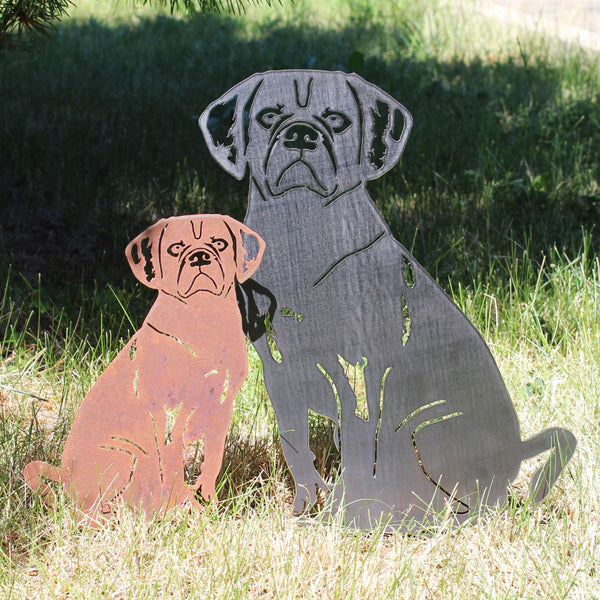 Puggle Corten steel dog silhouette, shown outdoors – My Metal Rescue