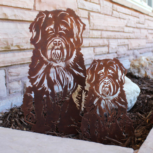 Soft Coated Wheaten Terrier Corten steel dog silhouette, rusted patina finish, shown outdoors – My Metal Rescue