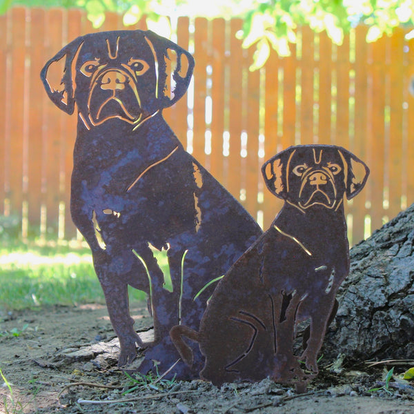 Puggle Corten steel dog silhouette, rusted patina finish, shown outdoors – My Metal Rescue