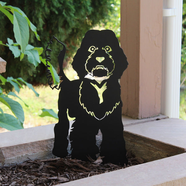 Labradoodle Corten steel dog silhouette, matte black finish, shown outdoors – My Metal Rescue
