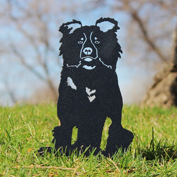Border Collie Corten steel dog silhouette, matte black finish, shown outdoors – My Metal Rescue