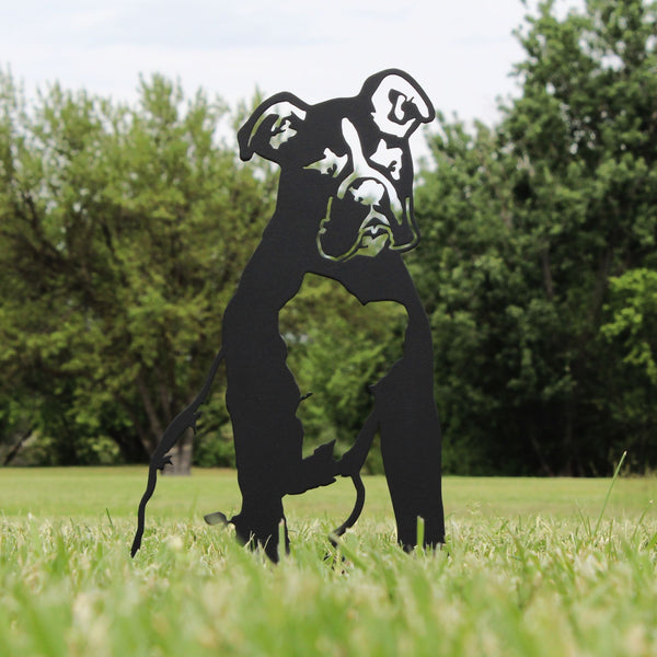 Boxer Corten steel dog silhouette, matte black finish, shown outdoors – My Metal Rescue