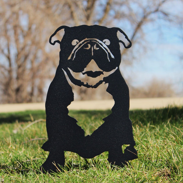 English Bulldog Corten steel dog silhouette, matte black finish, shown outdoors – My Metal Rescue