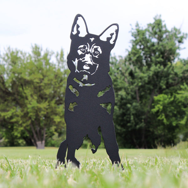 German Shepherd Corten steel dog silhouette, matte black finish, shown outdoors – My Metal Rescue