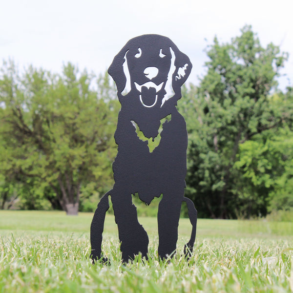 Golden Retriever Sitting Metal Art Handcrafted Dog Décor Corten steel dog silhouette, matte black finish, shown outdoors