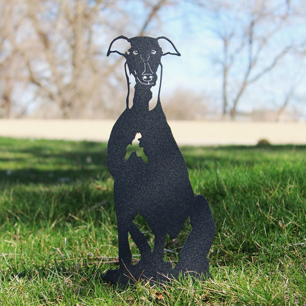 Greyhound Corten steel dog silhouette, matte black finish, shown outdoors – My Metal Rescue