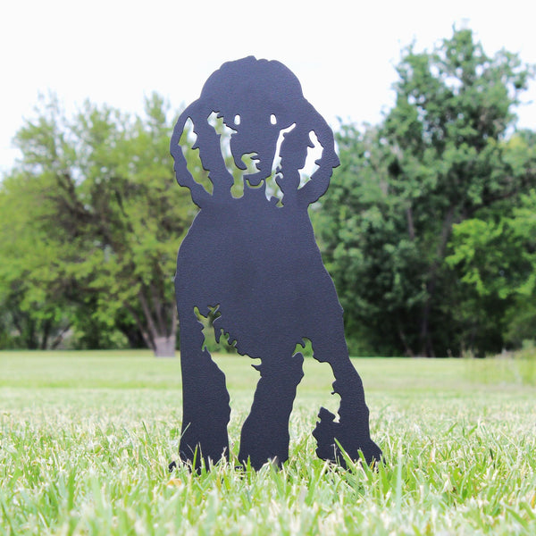 Poodle Corten steel dog silhouette, matte black finish, shown outdoors – My Metal Rescue