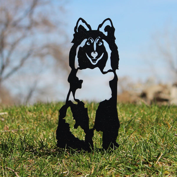 Rough Collie Corten steel dog silhouette, matte black finish, shown outdoors – My Metal Rescue