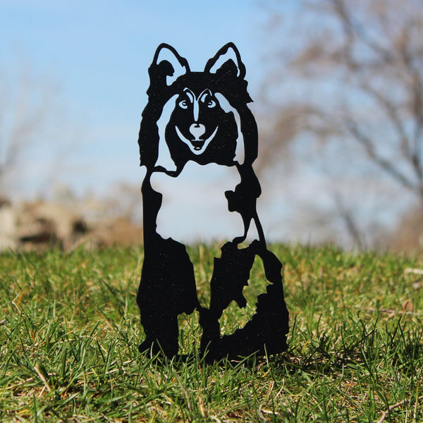 Shetland Sheepdog Corten steel dog silhouette, matte black finish, shown outdoors – My Metal Rescue