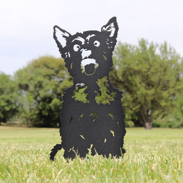 Yorkshire Terrier Corten steel dog silhouette, matte black finish, shown outdoors – My Metal Rescue