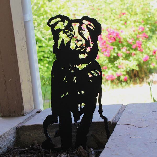 Australian Shepherd Corten steel dog silhouette, matte black finish, shown outdoors – My Metal Rescue