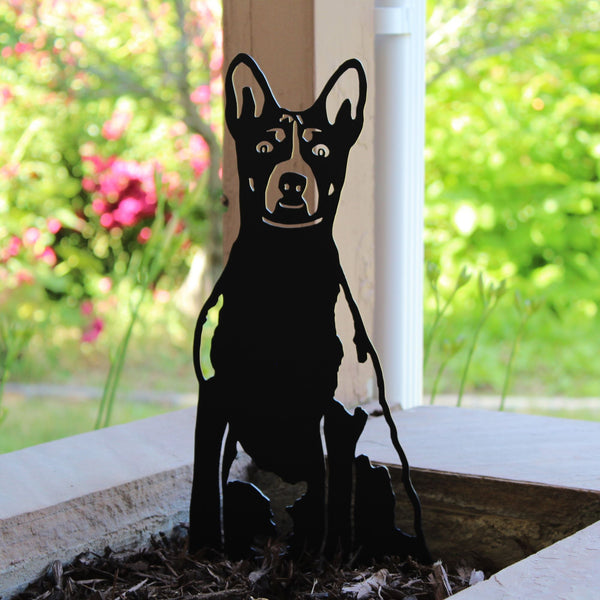 Basenji Corten steel dog silhouette, matte black finish, shown outdoors – My Metal Rescue