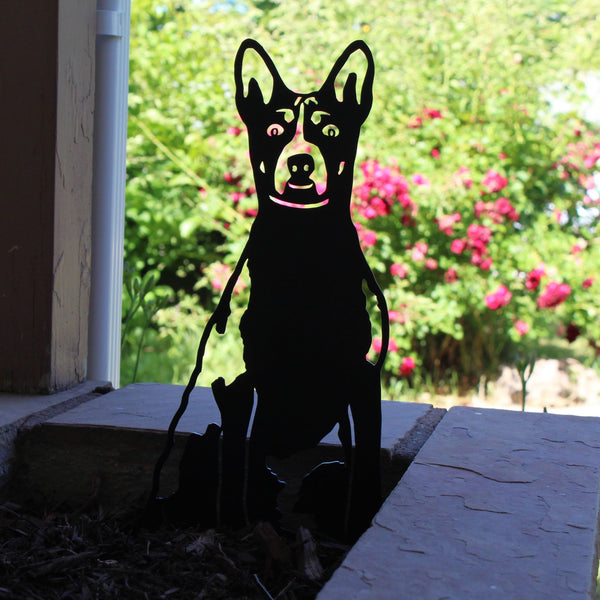 Basenji Corten steel dog silhouette, matte black finish, shown outdoors – My Metal Rescue