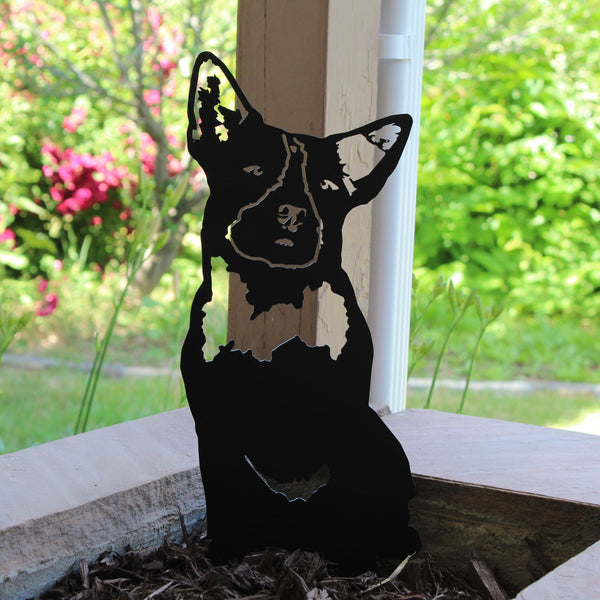Australian Cattle Dog Corten steel dog silhouette, matte black finish, shown outdoors – My Metal Rescue