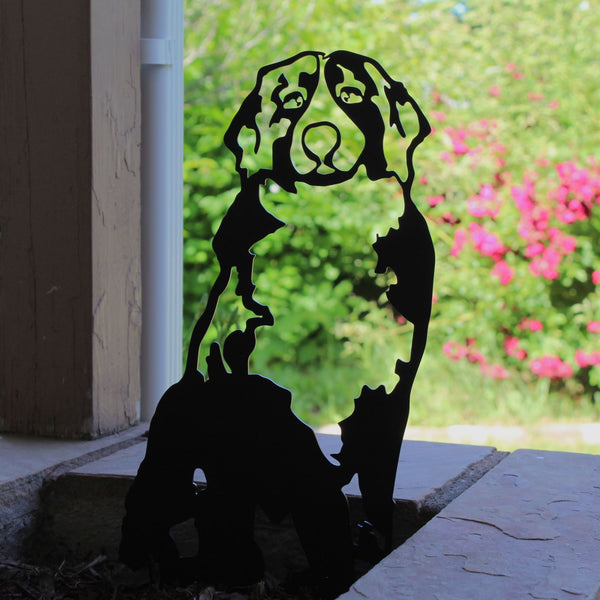 Swiss Mountain Dog Corten steel dog silhouette, matte black finish, shown outdoors – My Metal Rescue