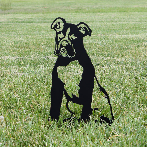 Boxer Corten steel dog silhouette, matte black finish, shown outdoors – My Metal Rescue