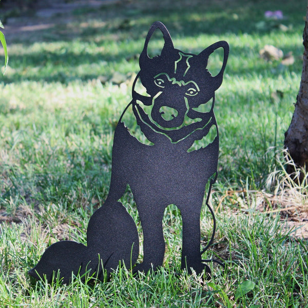 Norwegian Elkhound Corten steel dog silhouette, matte black finish, shown outdoors – My Metal Rescue